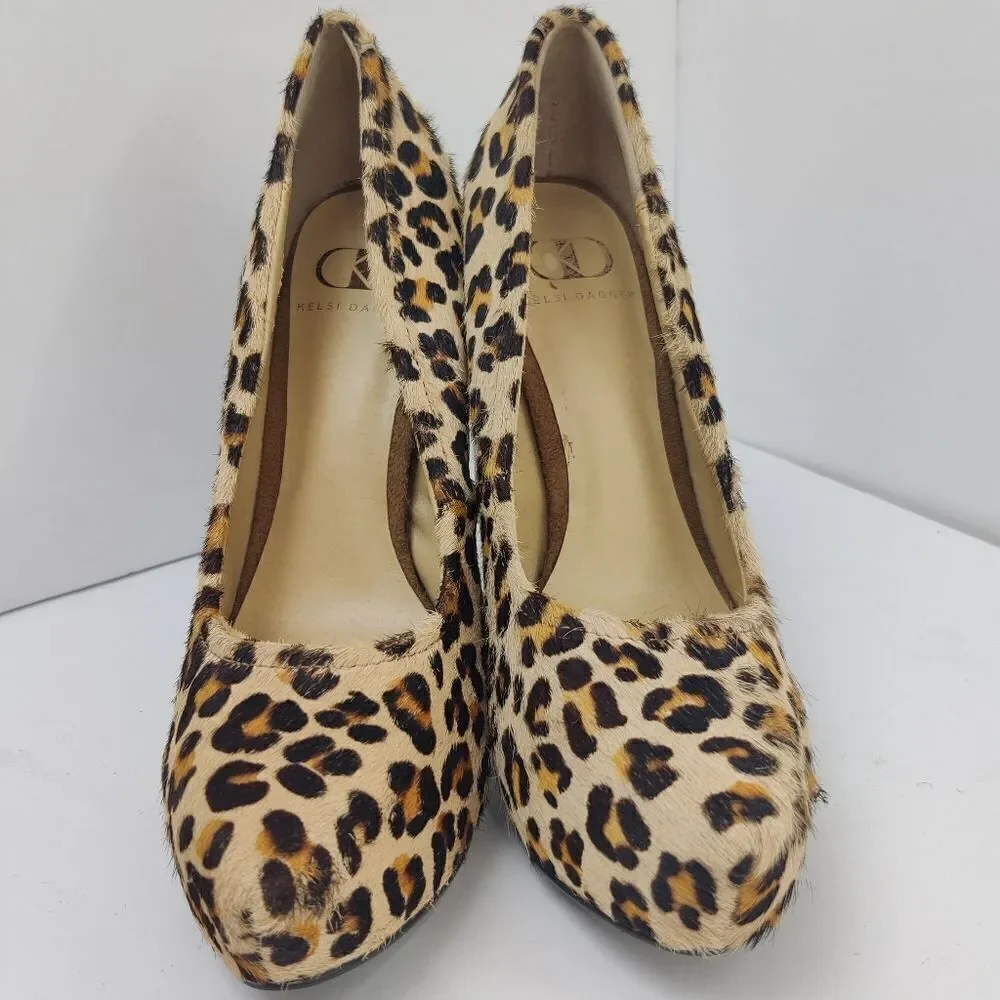 Kelsi Dagger 'Brette' Leopard Print Calf Hair Leather Platform Stiletto Sz 6
